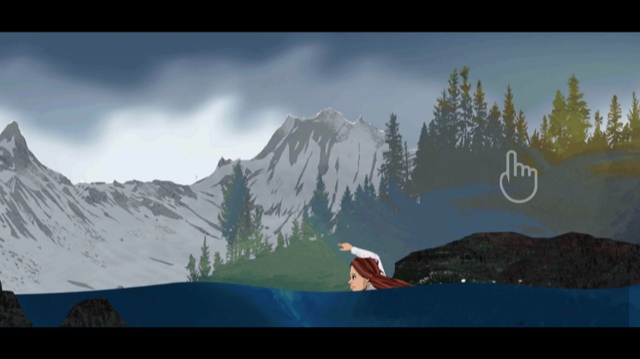 Screenshot von einem Spiel. Amal schwimmt in einem See, umgeben von Bergen und Wälder