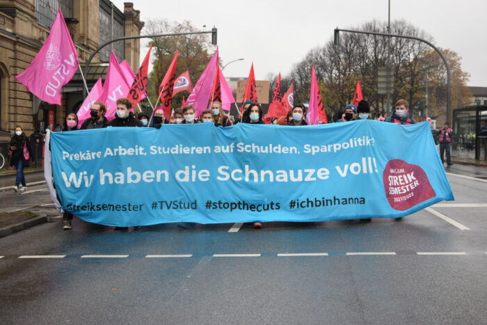 Demonstrant:innen halten ein Banner mit der Aufschrift "Prekäre Arbeit, Studieren auf Schulden, Sparpolitik? Wir haben die Schnauze voll!" Dahinter viele Fahnen