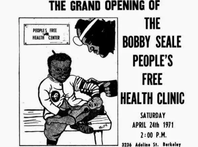 Poster einer Klinikeröffnung am 24. April 1971. Illustration eines Arztes, der ein Kind untersucht. Darüber steht "People's Free Health Center".