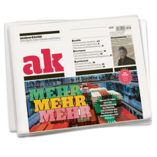 Titelseite einer Ausgabe, eine geknickte Zeitung. Da steht in großen Buchstaben Mehr, Mehr, Mehr, im Hintergrund Frachtcontainer und eine Einkaufsmall.