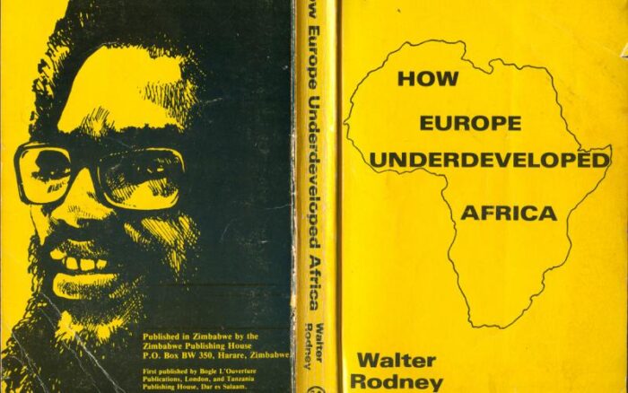 Cover Bild des Buches "How Europe Underdeveloped Africa" in schwarzer Schrift auf gelben Grund, umrandet vom Umriss des afrikanischen Kontinents. Auf der Rückseite Porträt des Autoren und Informationen über Zimbabwe-Ausgabe.