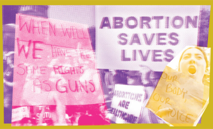Collage von Protestbildern aus den USA für das recht auf Abtreibungen. es sind Schilder zu sehen mit Aufschriften wie "Abortion Saves Lives", Abortions are Healthcare" und "When will we have the same rights as guns".