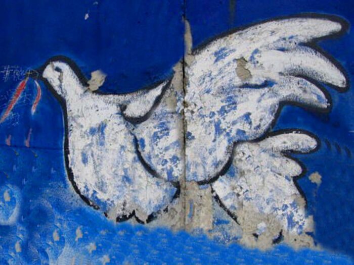Wandmalerei einer weißen Taube auf blauem Hintergrund. Der Putz der Mauer bröckelt an einigen stellen.