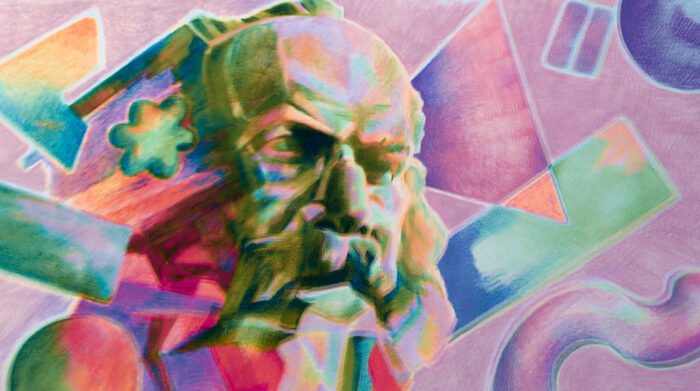 Man sieht einen gezeichneten, aus Stein gehauenen Marx-Kopf, der wie eine Büste aussieht, darum herum sind geometrische Formen, bunt, gezeichnet.