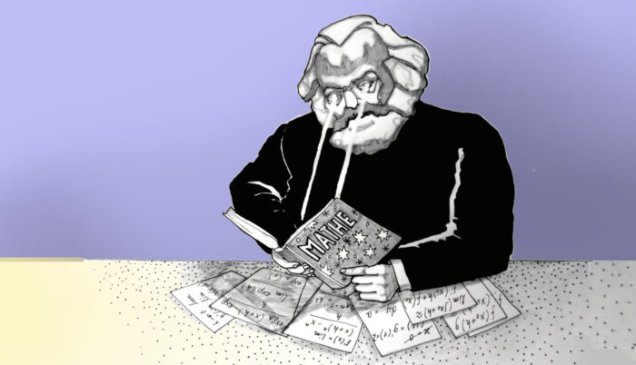Es ist eine colorierte (blau, schwarz, weiß) Zeichnung zu sehen. Sie zeigt Karl Marx, der mit Laseraugen ein Mathebuch liest.