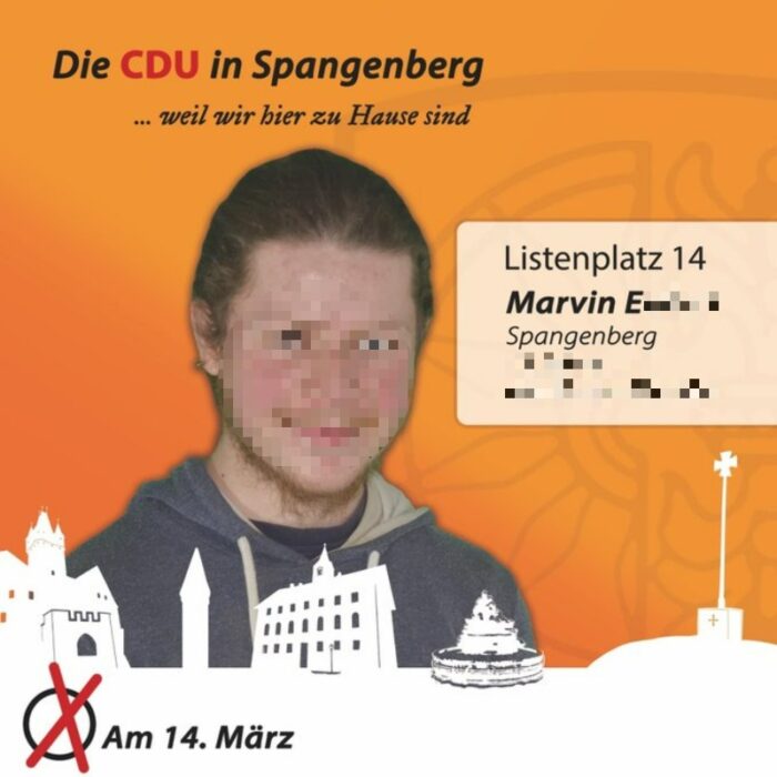 Plakat der CDU Spangenberg mit Marvin E. als Kandidat.