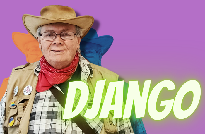 Collage eines Fotos eines älteren Mannes mit Hut und Halstuch und einer Weste mit diversen Buttons. Davor der Schriftzug Django in Neonfarben