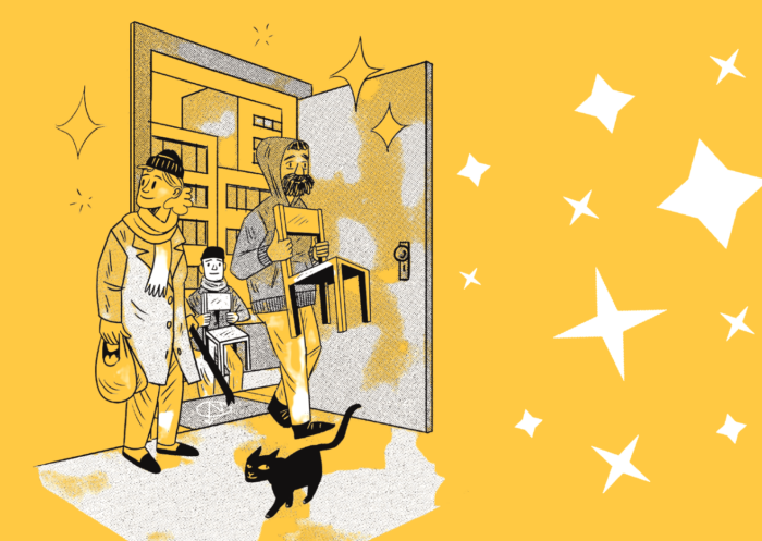 Zeichnung von drei Menschen und einer Katze, die durch eine offene Tür eine Wohnung betreten, einer der Männer trägt einen Stuhl