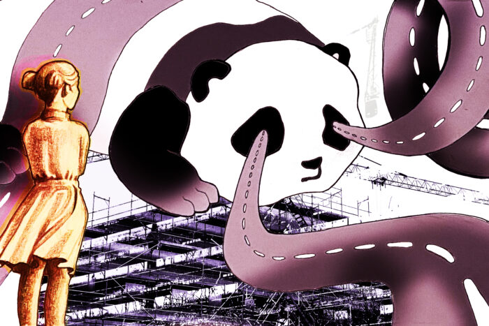 Illustration eines riesigen Pandas, der auf einem Baugerüst liegt, aus seinen Augen führen Straßen, im linken Bildrand schaut ein kleines Mädchen zu