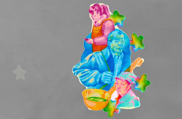 Illustration mehrerer Personen in Arbeitskeidung auf einer grauen Fläche, außerdme zu sehen: eine große Suppenkelle
