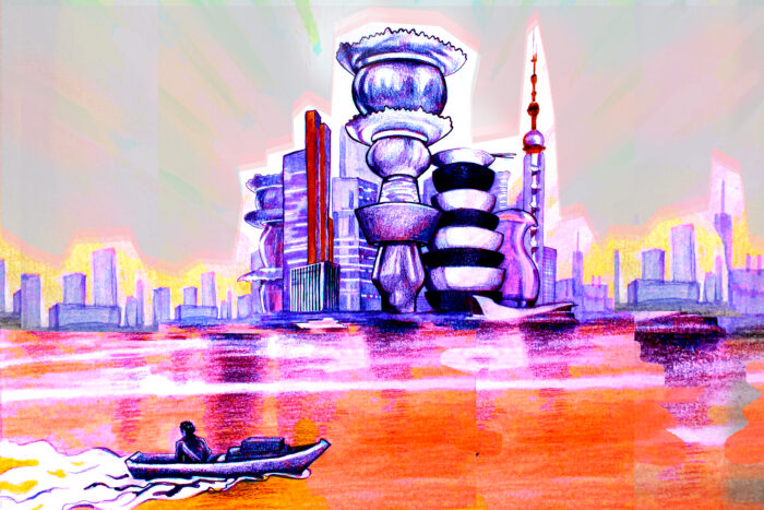 Illustration einer Skyline am Hafen, im Hintergrund futuristische Gebäude, im Vordergrund fährt eine Person in einem kleinen Boot durchs Bild