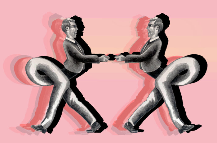 Illustration von zwei lachenden Personen in Anzügen, die einander zugewandt sind, aber die Beine rennen in die entgegeng4esetzte Richtung.