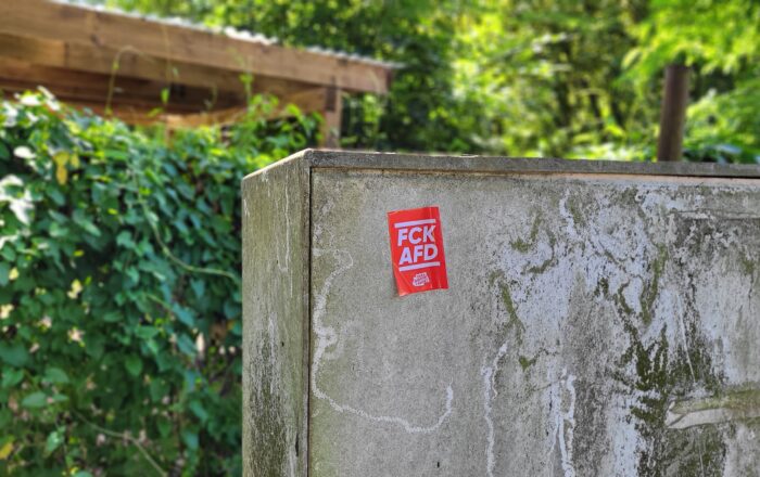 Ein Aufkleber mit der Aufschrift "FCK AfD" auf einem abgeblätterten Stromkasten im Grünen