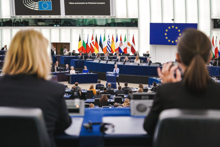 Mitglieder des Europäischen Parlaments applaudieren einer Rednerin. Diese steht an einem Pult. Im Hintergrund sind Flaggen der EU-Mitgliedstaaten und die EU-Flagge zu sehen