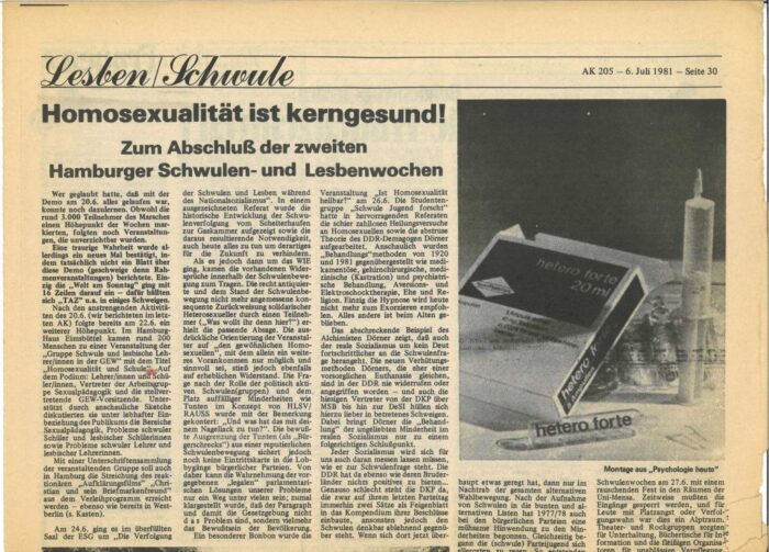Foto eines alten AK Artikels. Schlagzeile: Homosexualität ist kerngesund