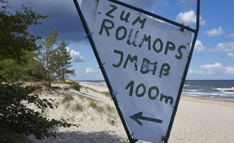 An einem Standstrand steht ein Schild auf dem steht "Zum Rollmopsimbis 100 m"