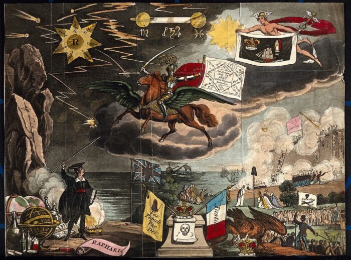 Gemälde das chaotische Szenen zeigt: Schlachten, möglicherweise den Sturm auf die Bastille, aber auch einen Forscher, darüber düstere Wolken und ein Ritter auf einem Pegasus