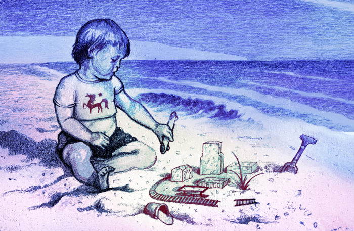 Das gezeichnete Bild zeigt ein Kind am Strand sitzend und mit einer Schaufel in der Hand. Es baut eine Stadt aus Sand