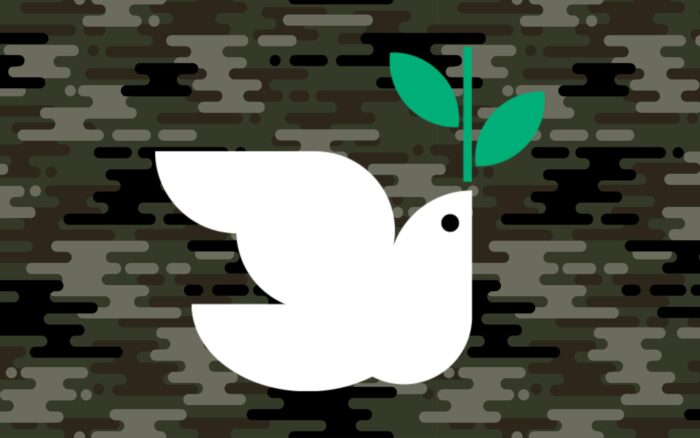 Illustration einer Friedenstaube, die einen Zweig trägt. Im Hintergrund Militär-Tarnfarben