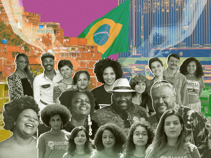 Collage. Vorne in mehreren Reihen Auschnitte von Menschen, viele von ihnen lächeln. Im Hintergrund rechts eine dichte Siedlung. In der MItte die brasilianische Flagge und rechts ein Foto des Parlaments. Von beiden Seiten legen zwei Hände einen Wahlzettel in eine Box.