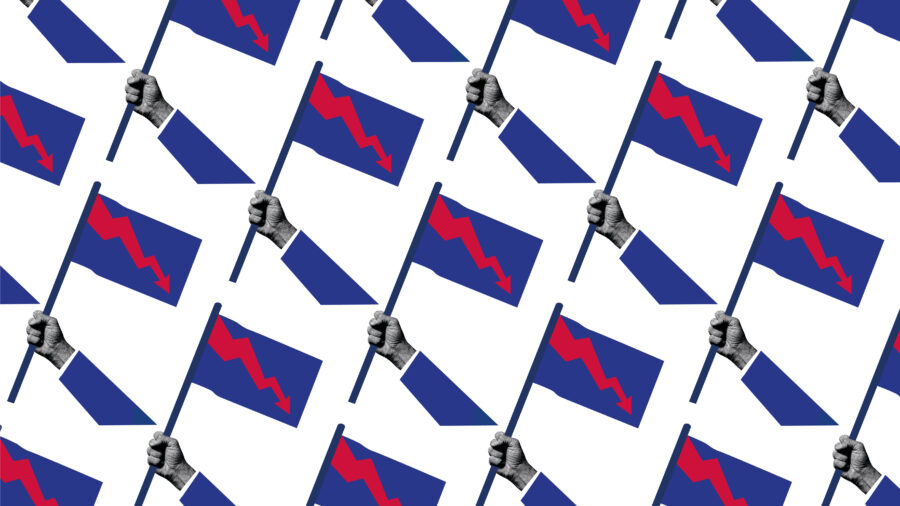 Man sieht eine Grafik mit vielen blauen Fahnen, auf denen ein roter Blitz ist,