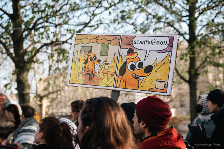Auf einer Demonstration hält jemand ein Schild hoch, auf dem ein Meme abgebildet ist. Eine Zeichentrickfigur sitzt lächelnd in einem brennenden Haus und sagt: Staatsräson