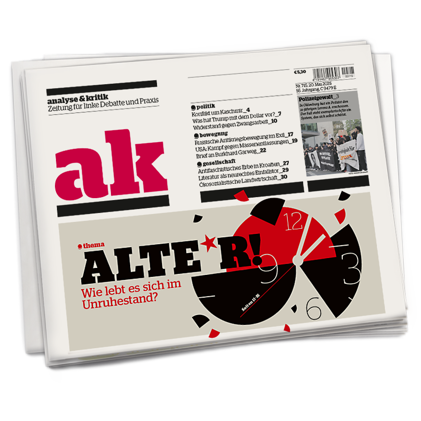 Titelseite von ak 715. Schlagzeile: ALTE*R! Unterzeile: Wie lebt es sich im UNruhestand?
