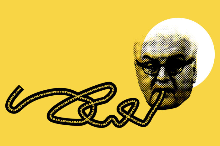 Ein Frank-Walter-Steinmeier-Kopf, aus dessen Mund eine Schlange mit Buchstaben kommt.