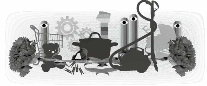 Collage mit verschiedenen Icons, unter anderem Nelke, Einkaufswagen, Kinderwagen, Wäscheklammern, Zahnräder.