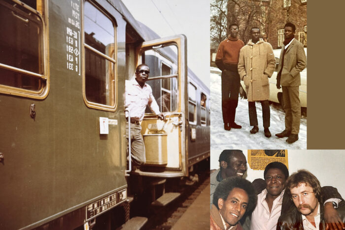 Collage aus drei Bildern. Links ist Olajide Akinyosoye, der lässig und mit Sonnenbrille an eine geöffneten Tür eines Zugwagons lehnt. Rechts Bilder vonOlajide Akinyosoye mit Freunden