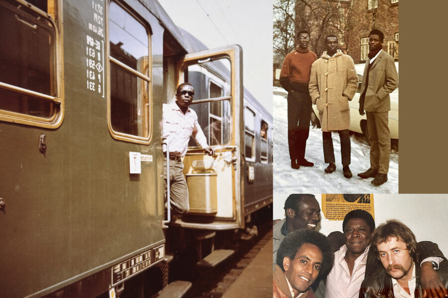 Collage aus drei Bildern. Links ist Olajide Akinyosoye, der lässig und mit Sonnenbrille an eine geöffneten Tür eines Zugwagons lehnt. Rechts Bilder vonOlajide Akinyosoye mit Freunden