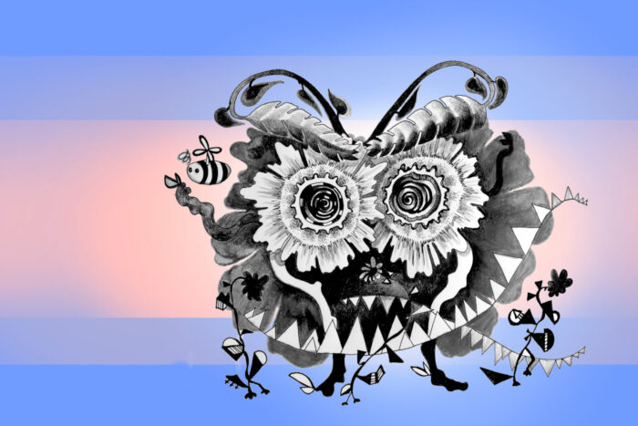 Eine Illustration, die eine arg mutierte Pflanze mit Augen und fratzenhaften Mund zeigt.