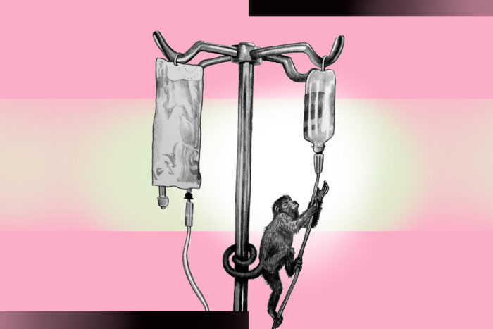 Illustration eines Affen, der an einem Dialyse-Schlauch hochklettert.