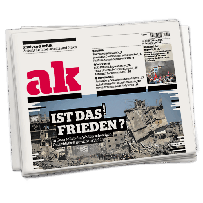 obere Häfte der Titelseite von ak 719, Schlagzeile: Ist das Frieden?