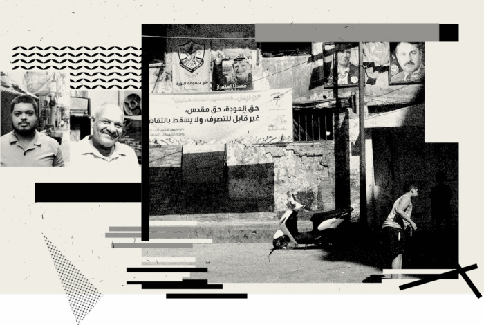 Zwei Porträtfotos, eines von einem jüngeren und eines von einem älteren Mann. Straßenszene mit Plakaten an der Wand, davor ein spielendes Kind und ein Motorroller