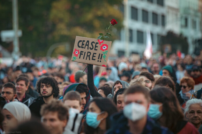 Viele Köpfe einer Demo, in der Mitte ein Pappschild auf dem Cease Fire drauf steht.
