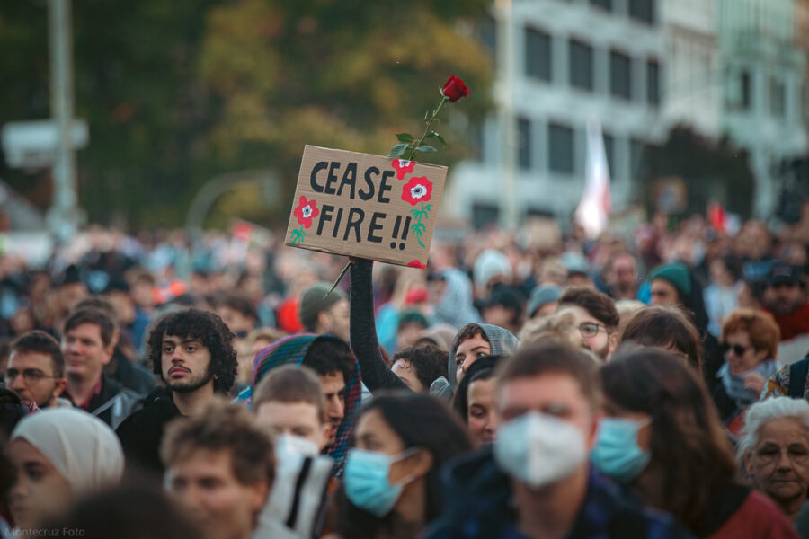 Viele Köpfe einer Demo, in der Mitte ein Pappschild auf dem Cease Fire drauf steht.