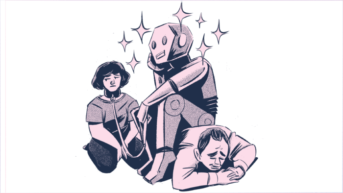 Zeichnung eines Roboters, der auf den Rucken einer geschlagenen Person steht und eine andere an einer Leine hält.