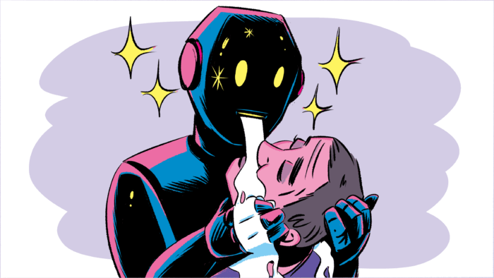 Zeichnung eines Roborters umgeben von Sternchen, der einem Menschen mit geschlossenen Augen den Kopf hält. Eine weiße Flüssigkeit fließt vom Mund des Roboters in den Mund des Menschen.