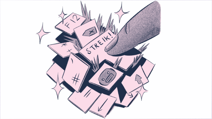 Illustration eins Fingers, das mit viel Kraft auf die Taste "Streik" auf einer Tastatur haut, die Tasten fliegen von der Tastatur, darunter eine mit dem Bild eines Roboters