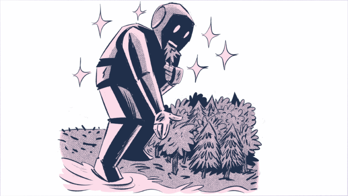 Zeichnung eines riesigen Roboters umgeben von Sternchen, der einen Fuß in einem Fluss hat und einem auf dem Land. Er greift sich Bäume und isst sie, hinter him eine abgeholzte Landschaft