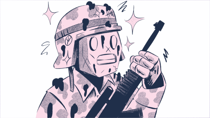 Zeichnung eines Roboters in Militäruniform und Helm, der ein Maschinengewehr hält.