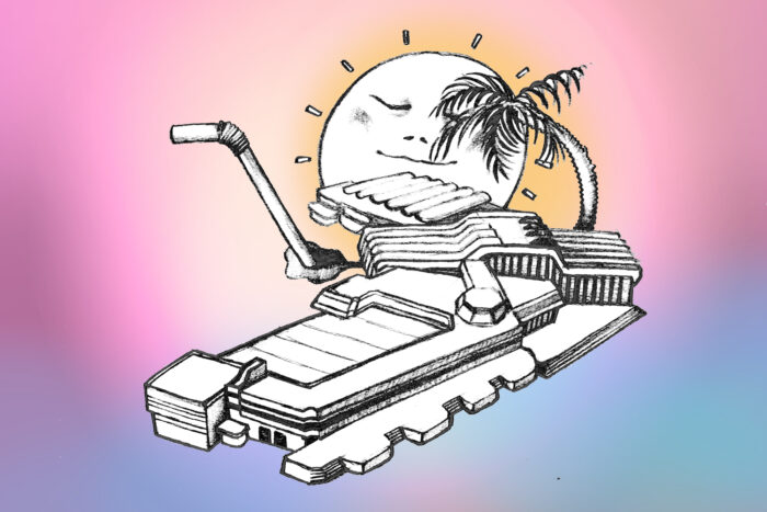 Das Bild zeigt eine Illustration von Donata Kindesperk. Abgebildet ist eine comichafte Zeichnung des Sport- und Erholungszentrums Berlin. Dahinter geht eine freundliche Sonne auf, eine Palme wächst aus dem Dach und eine Strohalm ragt hoch empor