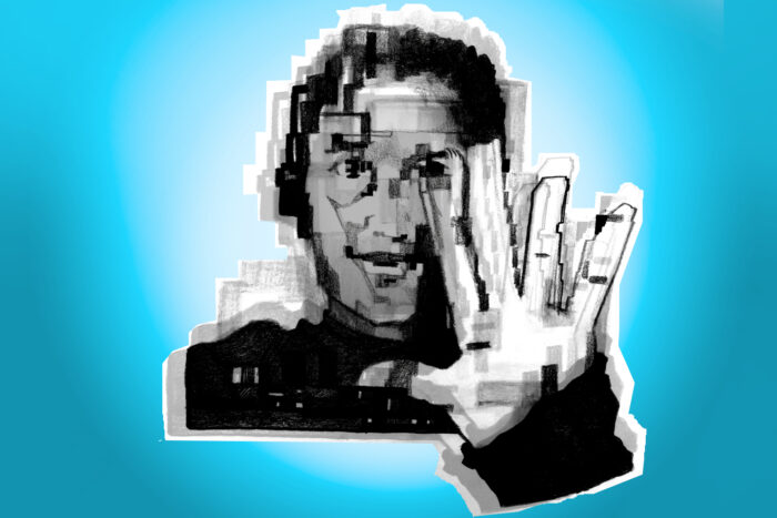 Die Illustration von Donata Kindesperk zeigt eine Figur, die aus eckigen Feldern zusammengesetzt ist, ähnlich wie ein Tetris-Spiel, und in die Kamera zu gucken scheint. Sie hebt die Hand Richtung Bildschirm zum winken