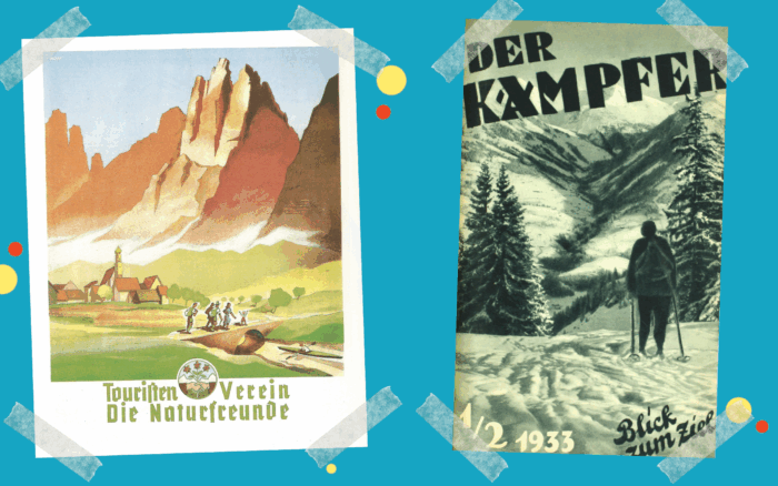 Plakat des Touristenvereins Die Naturfreunde (links) und Buchcover "Der Kämpfer" von 1933 (rechts)