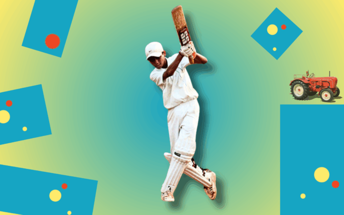 Bildcollage eines jungen Cricket Spielers und eines roten Traktors