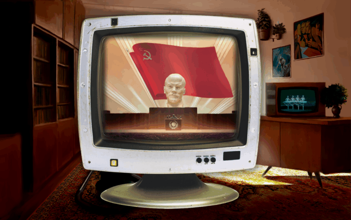 altertümlicher Computerbildschirm mit einem Bild von Lenin vor roter Fahne in einem computeranimierten Wohnzimmer