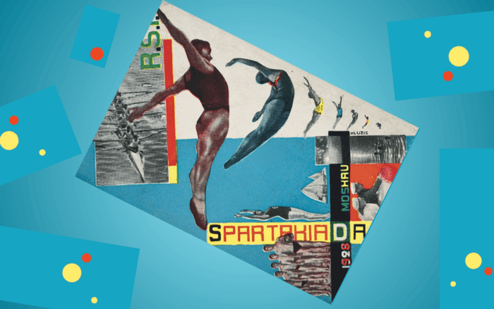 Collagiertes Plakat aus den 1920ern, das Sportler*innen, unter anderem Turmspringerinnen, ein Foto von Ruderern und geometrische Formen zeigt. Die Wörter Spartakiad und Moskau sind zu lesen