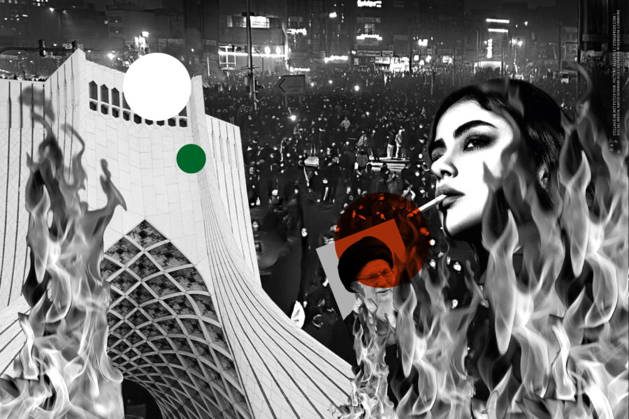 Collage: eine Demo im Hintergrund, eine Frau, die sich mit einem Bild von Khamenei eine Zigarette anzündet und der Azadi-Turm, der in Teheran steht