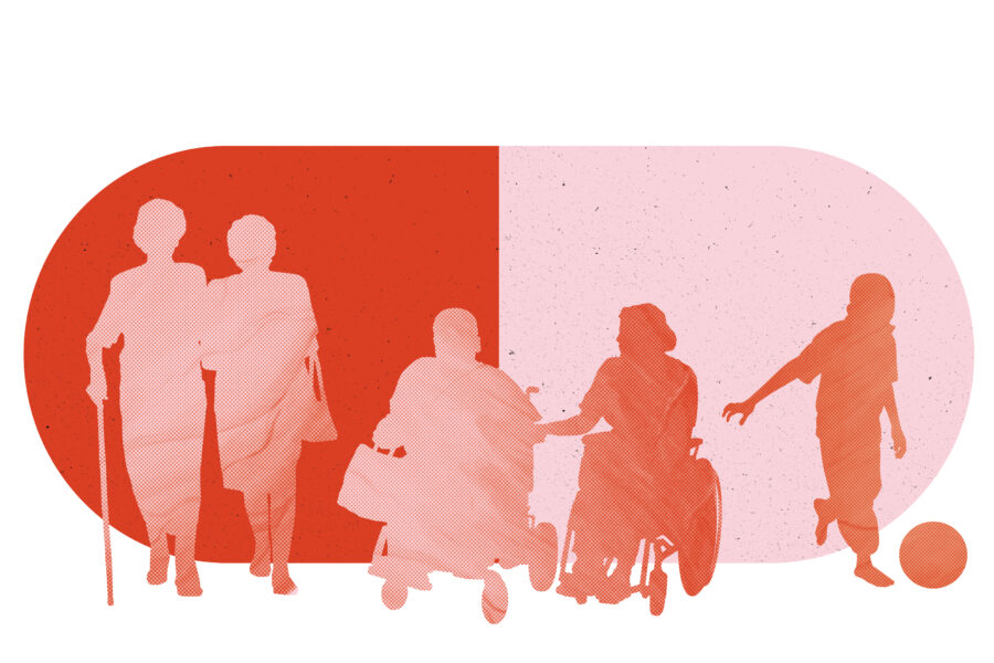 Silhoutten von Personen, mit einem Fußball, mit Gehstock und im Rollstuhl.